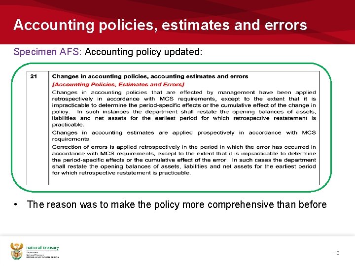 Accounting policies, estimates and errors Specimen AFS: Accounting policy updated: • The reason was Accounting policies, estimates and errors Specimen AFS: Accounting policy updated: • The reason was