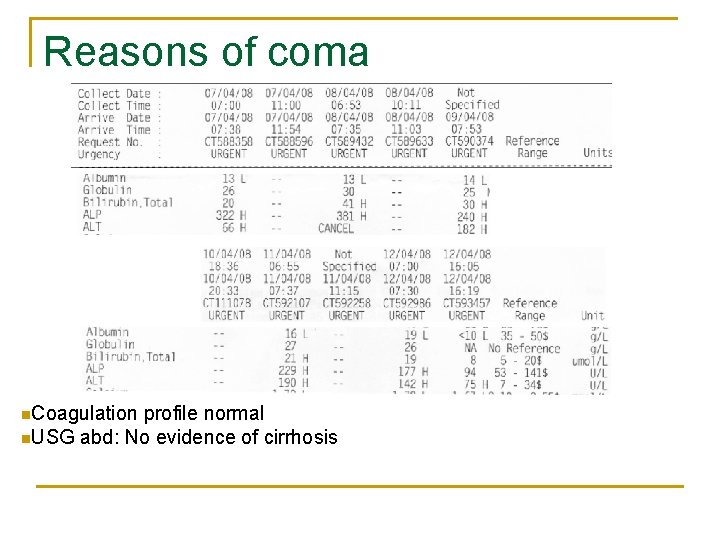 Reasons of coma n. Coagulation profile normal n. USG abd: No evidence of cirrhosis