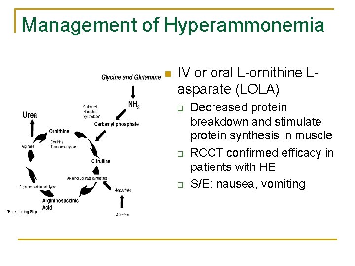 Management of Hyperammonemia n IV or oral L-ornithine Lasparate (LOLA) q q q Decreased