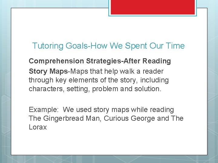 Tutoring Goals-How We Spent Our Time Comprehension Strategies-After Reading Story Maps-Maps that help walk