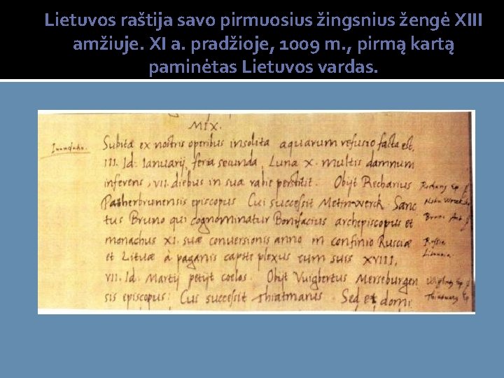 Lietuvos raštija savo pirmuosius žingsnius žengė XIII amžiuje. XI a. pradžioje, 1009 m. ,