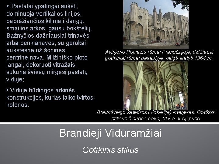  • Pastatai ypatingai aukšti, dominuoja vertikalios linijos, pabrėžiančios kilimą į dangų, smailios arkos,