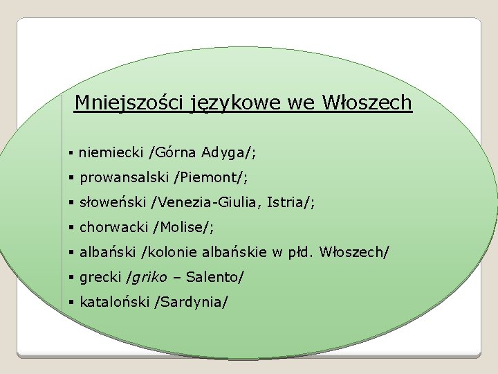 Mniejszości językowe we Włoszech § niemiecki /Górna Adyga/; § prowansalski /Piemont/; § słoweński /Venezia-Giulia,