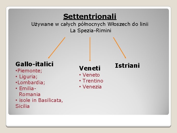 Settentrionali Używane w całych północnych Włoszech do linii La Spezia-Rimini Gallo-italici • Piemonte; •