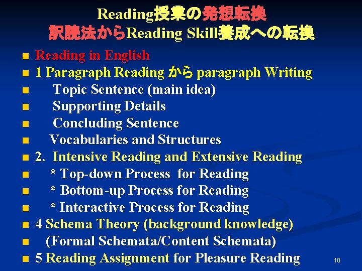 Reading授業の発想転換 訳読法からReading Skill養成への転換 n n n n Reading in English 1 Paragraph Reading から