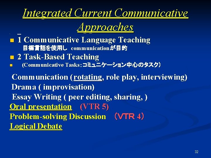 Integrated Current Communicative Approaches n n 1 Communicative Language Teaching 目標言語を使用し　communicationが目的 　　　　 n n