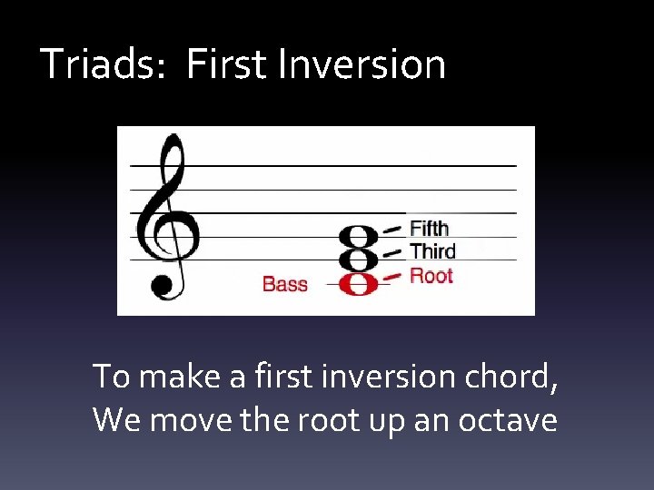 Triads: First Inversion To make a first inversion chord, We move the root up