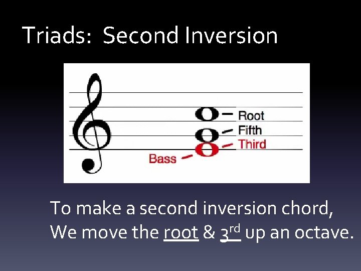 Triads: Second Inversion To make a second inversion chord, We move the root &