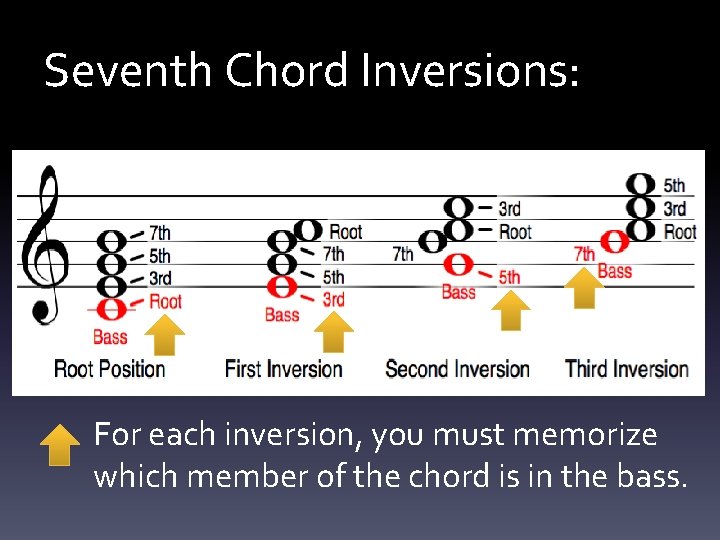 Seventh Chord Inversions: For each inversion, you must memorize which member of the chord
