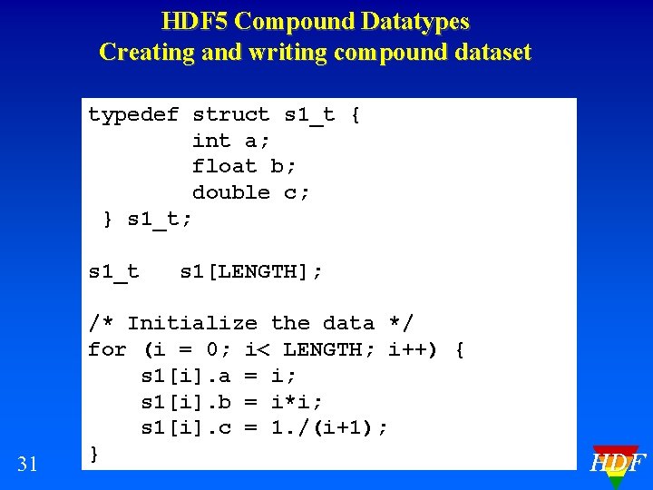 HDF 5 Compound Datatypes Creating and writing compound dataset typedef struct s 1_t {