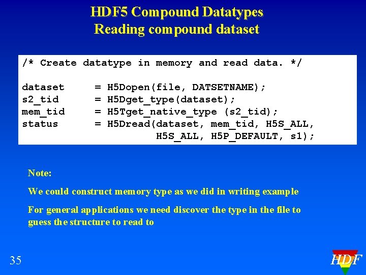 HDF 5 Compound Datatypes Reading compound dataset /* Create datatype in memory and read