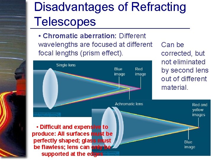 Disadvantages of Refracting Telescopes • Chromatic aberration: Different wavelengths are focused at different focal