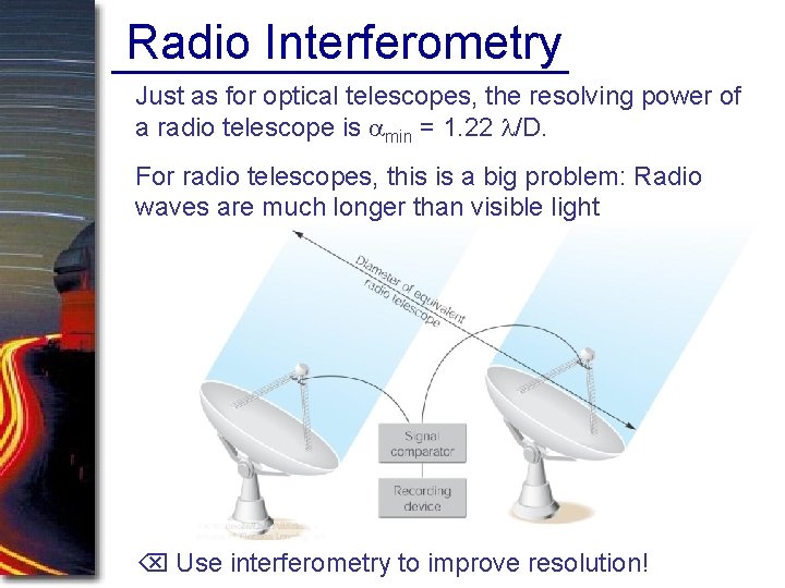 Radio Interferometry Just as for optical telescopes, the resolving power of a radio telescope