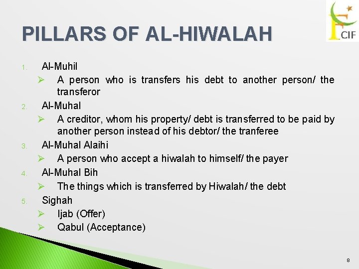 PILLARS OF AL-HIWALAH 1. 2. 3. 4. 5. Al-Muhil Ø A person who is