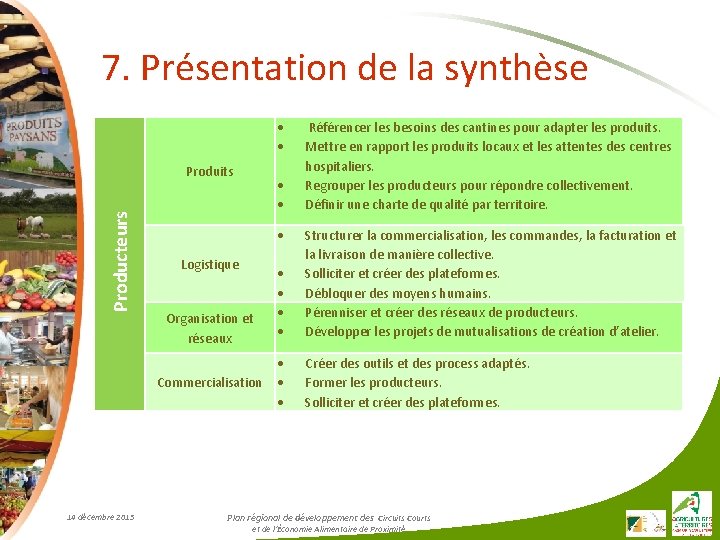 7. Présentation de la synthèse Producteurs Produits Logistique Organisation et réseaux Commercialisation 14 décembre