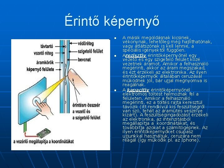 Érintő képernyő n n n A másik megoldásnak kicsinek, vékonynak, lehetőleg még hajlíthatónak, vagy