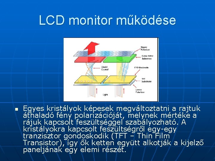 LCD monitor működése n Egyes kristályok képesek megváltoztatni a rajtuk áthaladó fény polarizációját, melynek