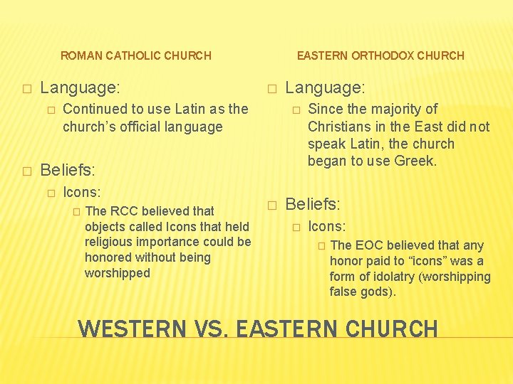 ROMAN CATHOLIC CHURCH � Language: � � EASTERN ORTHODOX CHURCH � Continued to use