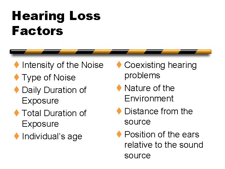 Hearing Loss Factors t Intensity of the Noise t Type of Noise t Daily