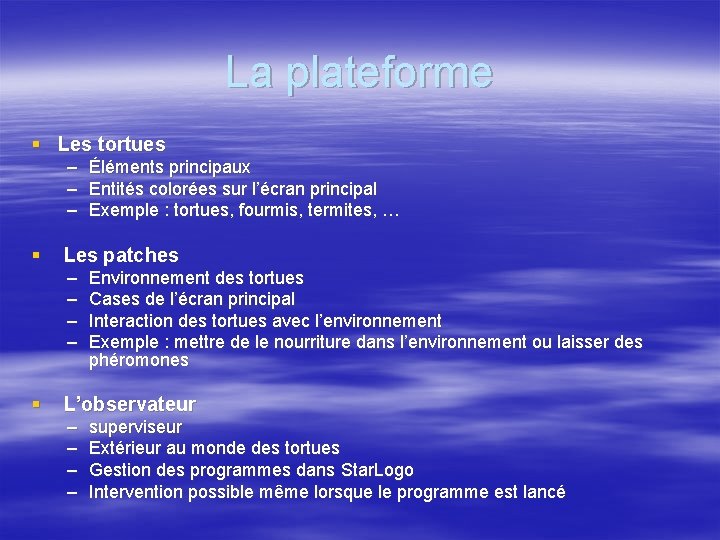 La plateforme § Les tortues – Éléments principaux – Entités colorées sur l’écran principal