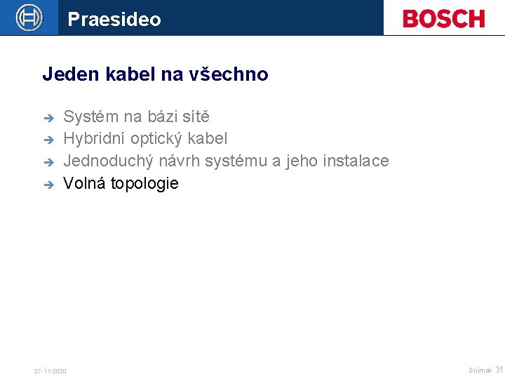 Praesideo Jeden kabel na všechno è è Systém na bázi sítě Hybridní optický kabel