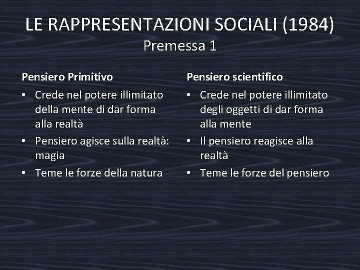 LE RAPPRESENTAZIONI SOCIALI (1984) Premessa 1 Pensiero Primitivo Pensiero scientifico • Crede nel potere