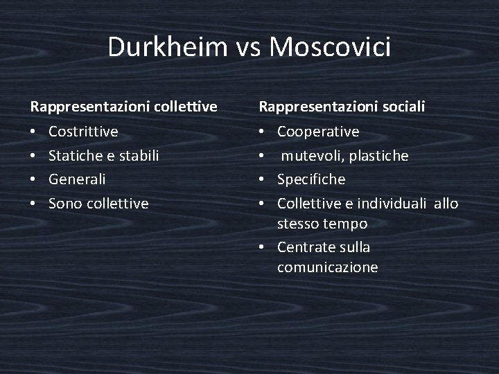 Durkheim vs Moscovici Rappresentazioni collettive • • Costrittive Statiche e stabili Generali Sono collettive