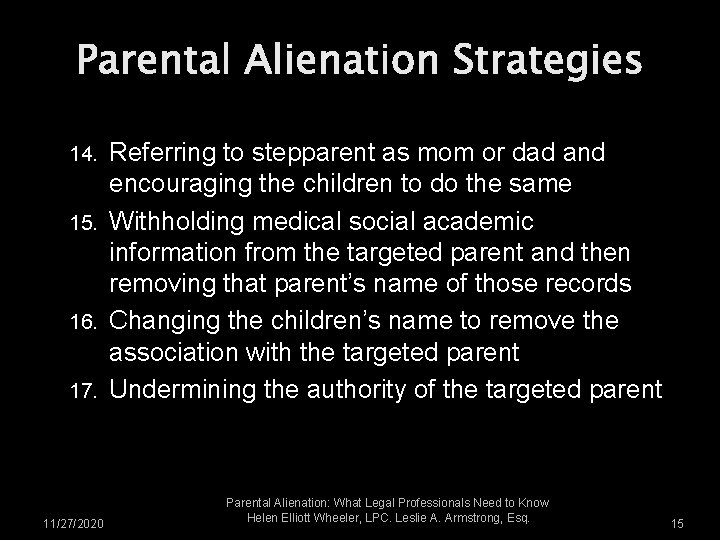 Parental Alienation Strategies Referring to stepparent as mom or dad and encouraging the children