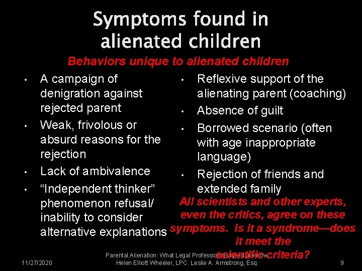 Symptoms found in alienated children • • Behaviors unique to alienated children A campaign