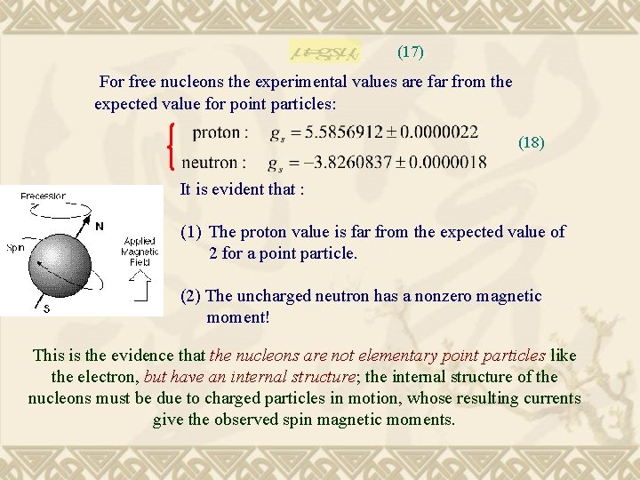 (17) For free nucleons the experimental values are far from the expected value for