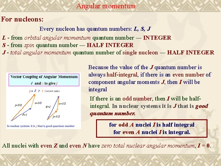 Angular momentum For nucleons: Every nucleon has quantum numbers: L, S, J L -