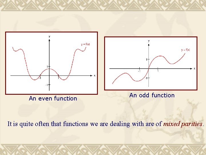 An even function An odd function It is quite often that functions we are