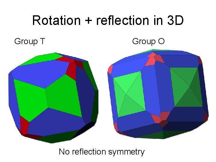 Rotation + reflection in 3 D Group T Group O No reflection symmetry Rotation + reflection in 3 D Group T Group O No reflection symmetry