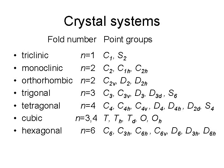 Crystal systems Fold number Point groups • • triclinic n=1 monoclinic n=2 orthorhombic n=2 Crystal systems Fold number Point groups • • triclinic n=1 monoclinic n=2 orthorhombic n=2