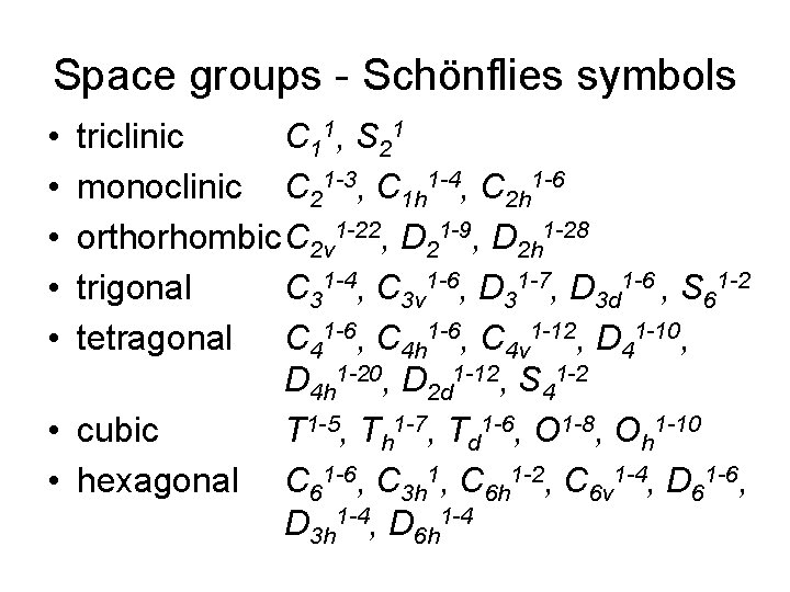Space groups - Schönflies symbols • • • triclinic C 11, S 21 monoclinic Space groups - Schönflies symbols • • • triclinic C 11, S 21 monoclinic