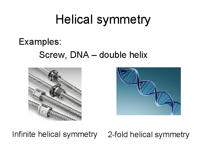 Helical symmetry Examples: Screw, DNA – double helix Infinite helical symmetry 2 -fold helical Helical symmetry Examples: Screw, DNA – double helix Infinite helical symmetry 2 -fold helical
