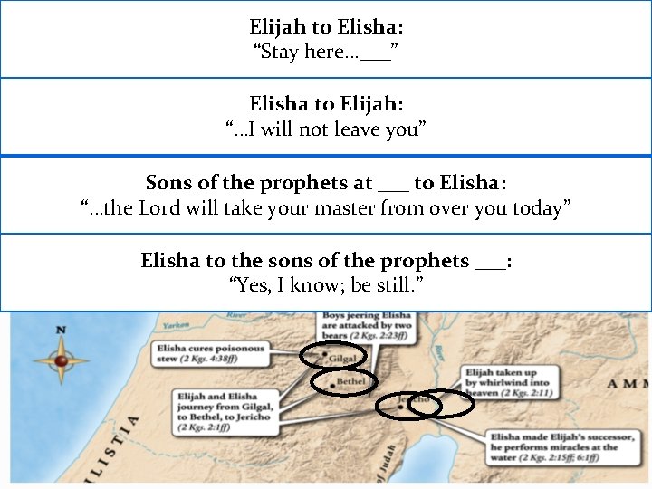 Elijah to Elisha: “Stay here…___” Elisha to Elijah: “…I will not leave you” Sons