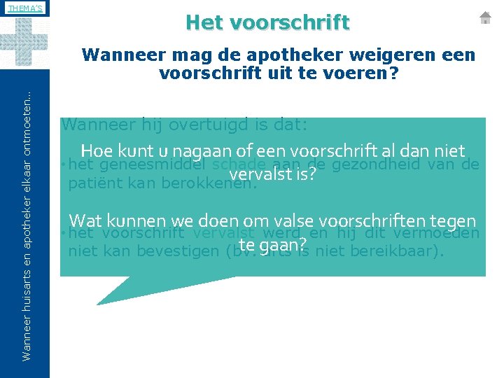 THEMA’S Het voorschrift Wanneer huisarts en apotheker elkaar ontmoeten… Wanneer mag de apotheker weigeren