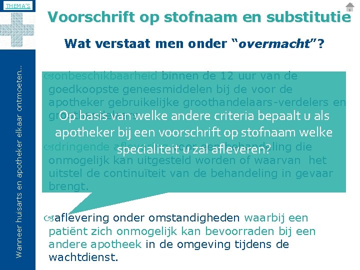 THEMA’S Voorschrift op stofnaam en substitutie Wanneer huisarts en apotheker elkaar ontmoeten… Wat verstaat