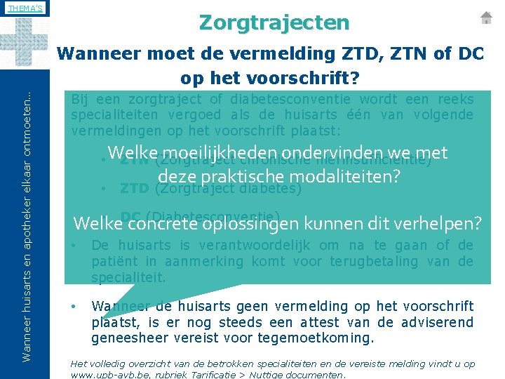 THEMA’S Zorgtrajecten Wanneer huisarts en apotheker elkaar ontmoeten… Wanneer moet de vermelding ZTD, ZTN