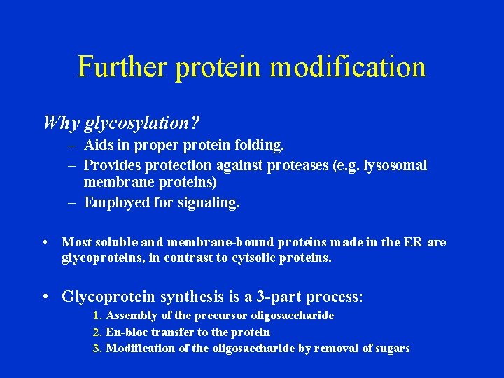 Further protein modification Why glycosylation? – Aids in proper protein folding. – Provides protection