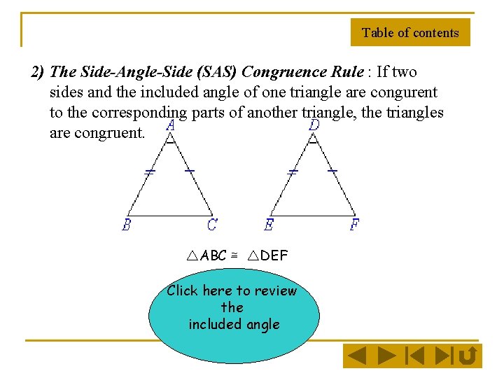 Table of contents 2) The Side-Angle-Side (SAS) Congruence Rule : If two sides and Table of contents 2) The Side-Angle-Side (SAS) Congruence Rule : If two sides and