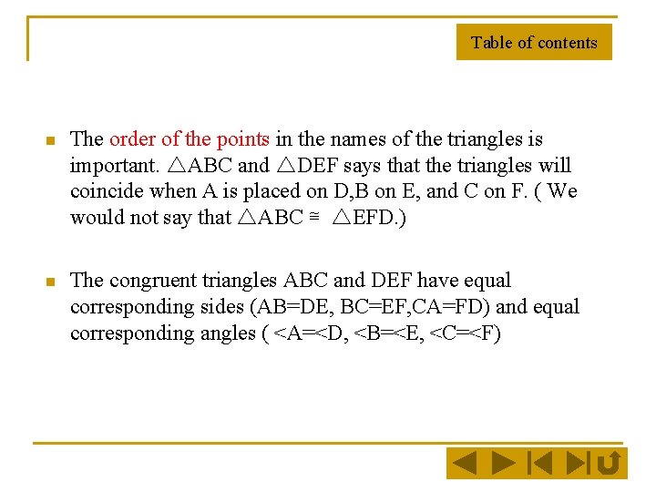 Table of contents n The order of the points in the names of the Table of contents n The order of the points in the names of the