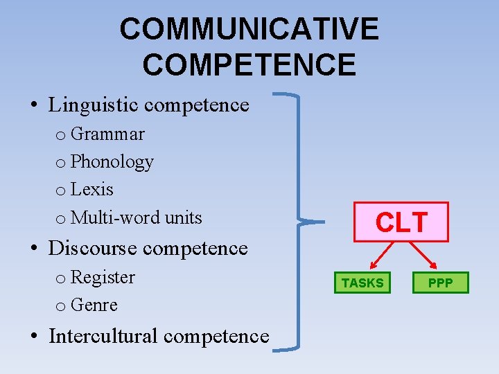 COMMUNICATIVE COMPETENCE • Linguistic competence o Grammar o Phonology o Lexis o Multi-word units