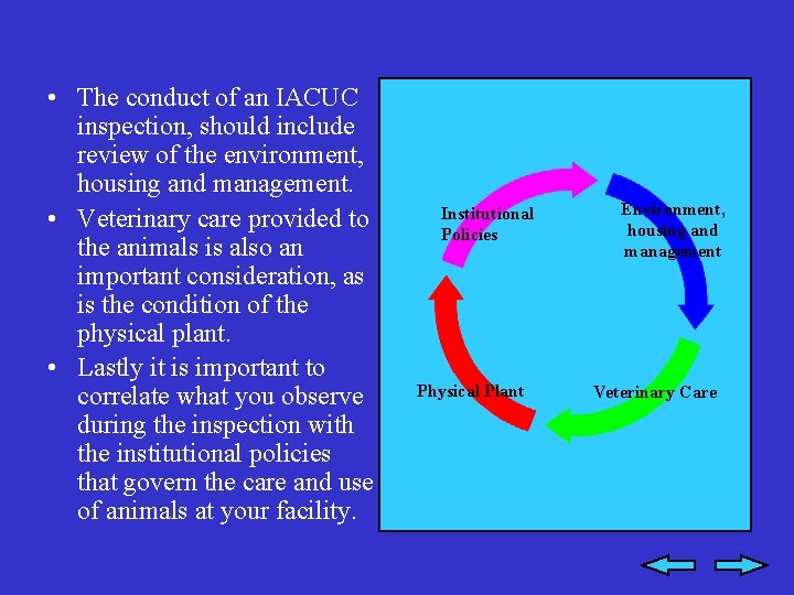  • The conduct of an IACUC inspection, should include review of the environment,