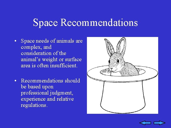Space Recommendations • Space needs of animals are complex, and consideration of the animal’s