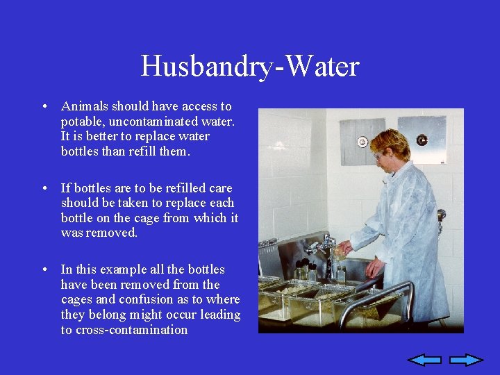 Husbandry-Water • Animals should have access to potable, uncontaminated water. It is better to