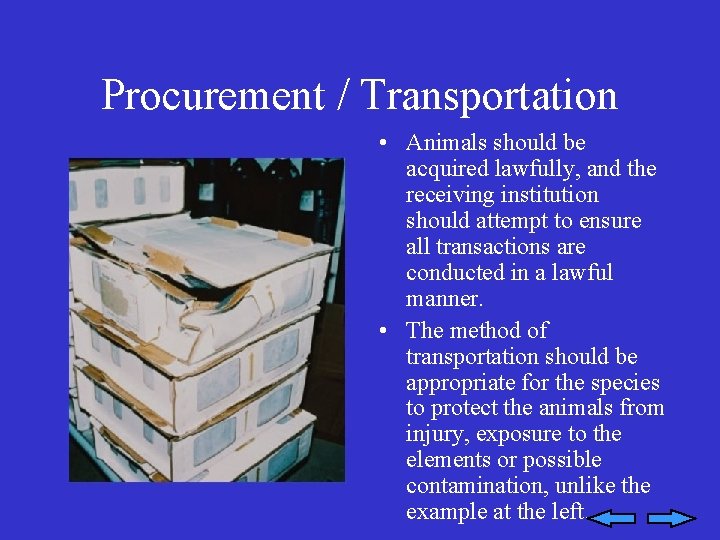 Procurement / Transportation • Animals should be acquired lawfully, and the receiving institution should