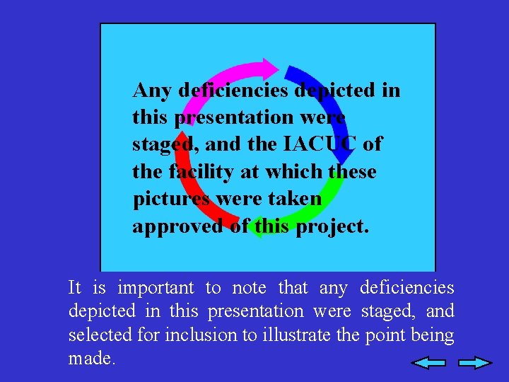 Any deficiencies depicted in this presentation were staged, and the IACUC of the facility