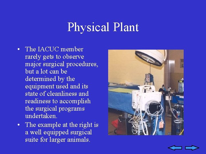 Physical Plant • The IACUC member rarely gets to observe major surgical procedures, but